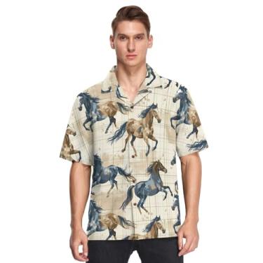 Imagem de CHIFIGNO Camisa havaiana masculina de manga curta, caimento solto, estampada, abotoada, casual, camisa tropical de praia, Xadrez marrom vintage Horses - 4, G