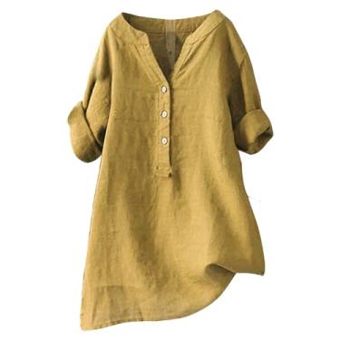 Imagem de 2024 Camisas de linho grandes femininas gola Henley abotoadas blusas sensuais confortáveis mangas 3/4 camisas soltas, Caqui, M