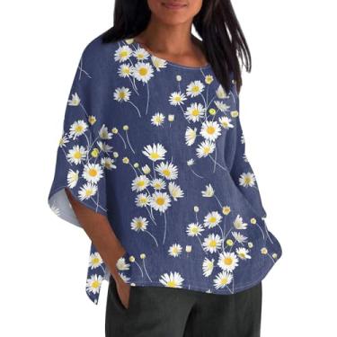 Imagem de Camiseta feminina de linho, margarida, estampada, manga 3/4, plus size, gola redonda, moderna, casual, para sair, Azul-celeste, GG