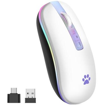 Imagem de Mouse sem fio, mouse sem fio recarregável de 2,4 G, mouse fino de LED retroiluminado para laptop, PC, computador, MacBook, iPad, Chromebook, notebook (branco marfim)