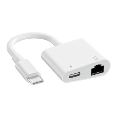 Imagem de Adaptador USB C para Ethernet, adaptador de rede LAN Ethernet RJ45 2 em 1 com porta de carregamento USB tipo C compatível com iPhone 15/Tablet/Laptop e dispositivos USB C, Plug and Play, suporta rede