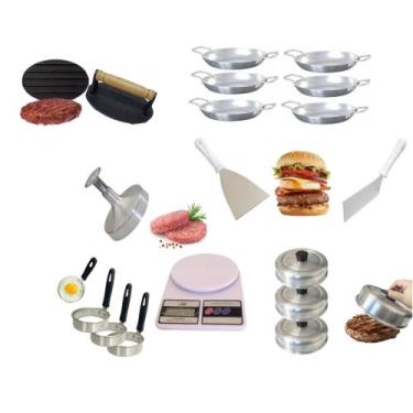 Imagem de Kit Lanche 6 Vasilhas Espátulas Prensador Balança Modelador de Hamburg