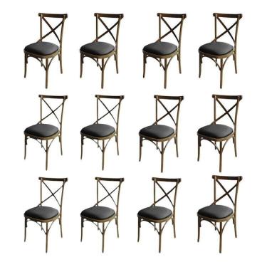 Imagem de Kit 12 Cadeira Xis em Madeira Maciça de Eucalipto Verniz Imbuia Factor Marrom/Preto