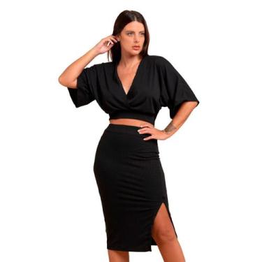 Imagem de Conjunto Blusa Morcego + Saia Midi Modeladora Canelada Lápis Feminino 