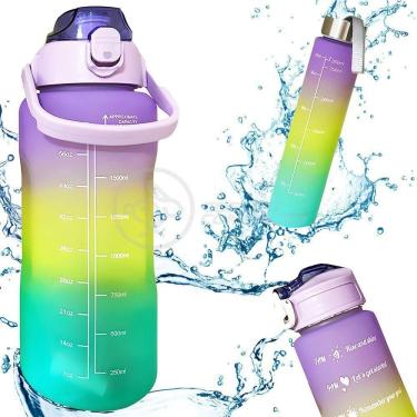 Imagem de Kit Garrafa De água Roxa 3 Em 1 Com Alça Frases Motivacionais Tie-dye Academia + Adesivos 2d 3d