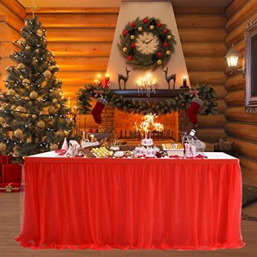 Imagem de Suppromo – Saia de mesa de tutu plissada de malha de 3 camadas com aba dourada de alta qualidade para festas, casamentos, chás de bebê, festas de aniversário e decoração de casa, Vermelho, L14(ft)*H 30in