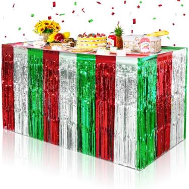 Imagem de Pacote com 6 saias de mesa decorações de festa, saias de mesa de Natal vermelho prata e verde metálico com franja de folha metálica, decorações de mesa de Natal para Natal, aniversário, suprimentos de