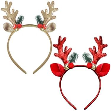Imagem de 2 peças de chifres de rena de Natal, tiara de chifres de veado, orelhas, argolas de cabelo, chifres de alce, faixa de cabelo feminina, sinos de árvore de Natal, cosplay, vestido de Halloween,