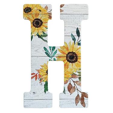 Imagem de COLLECTIVE HOME - Letras de madeira de 30,5 cm para decoração de parede, placa de parede rústica, placas de alfabeto decorativas, número de casa, decorações para festa de inauguração de casa de aniversário de casamento, branco lavado, girassol (H)