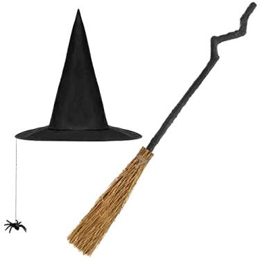 Imagem de 2 Pcs Halloween Witch Set, Adjustable Length Witches Broom Witch Wizard Broomstick Witch Hat with Spider for Women Men Halloween Witch Decor Cosplay Costume Accessories Party Supplies Favors
