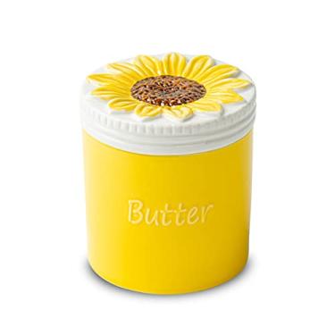 Imagem de dgudgu Manteiga de Girassol Crock Manteiga Keeper Prato de Manteiga Francesa Copo de Cerâmica Suporte de Manteiga com Linha de Água Design Antiderrapante