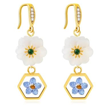 Imagem de Uloveido Brincos femininos banhados a ouro com sementes de mostarda lindas flores prensadas e sementes de mostarda, Medium, Zircônia cúbica, Zircônia cúbica