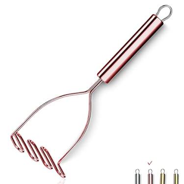 Imagem de Espremedor de batata de cobre, triturador de batata de metal resistente de aço inoxidável com revestimento de ouro rosa de titânio, ferramenta de triturador de alimentos, espremedor de mãos, triturador de frutas, lavável na lava-louças (24 cm)