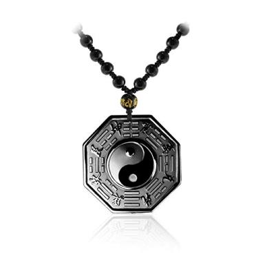Imagem de Colar com pingente Lucky esculpido à mão de contas de obsidiana preta Tai Chi Bagua ajustável Yin Yang corda trançada dragão fênix colar de amuleto para homens e mulheres joias de proteção, Metal,
