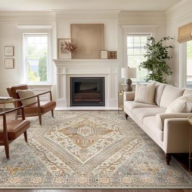 Imagem de Bavni Tapetes de área de 20 x 25 cm, lavável à máquina, borracha antiderrapante, tapete macio vintage, tapete grande para sala de estar, sala de jogos, sala de jantar, bronzeado/cinza