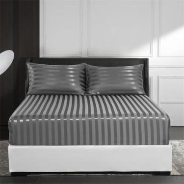 Imagem de ZiDeTang King Conjunto de lençóis de cama com listras de cetim sedoso, respirável e refrescante, confortável, luxuoso, macio, sem rugas, cor cinza escuro