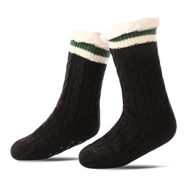 Imagem de Evankin Meias de Natal de cano alto felpudo meias de lã quentes para ambientes internos antiderrapantes longas e grossas para botas verde/vermelha/branca, 1 peça, preto, 6-10