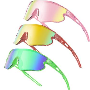 Imagem de Wapreta Pacote com 3 óculos de sol infantis de beisebol para meninos e meninas de 4 a 12 anos, ciclismo, softball, corrida, UV400, Moldura rosa + moldura vermelha + moldura verde