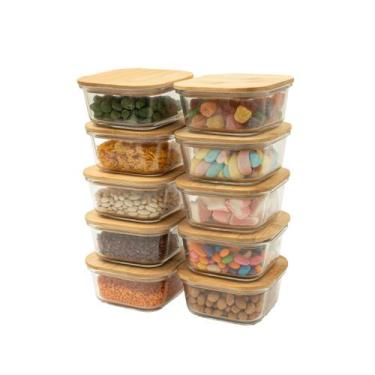 Imagem de kit 10 potes de vidro 550ml com tampa de bambu hermético quadrados - T