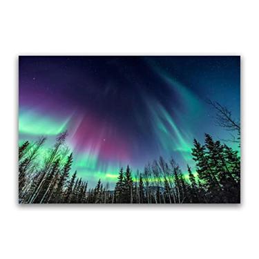 Imagem de Floresta roxo céu estrelado Aurora Boreal em tela imagens de arte de parede - pinturas de arte de paisagem impressão em tela - impressões de pôster de luzes do norte - imagens de parede para sala de