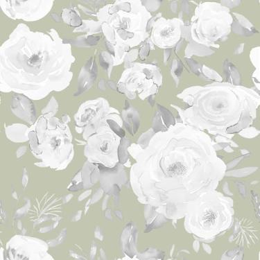 Imagem de ZHENNEHZ Papel de parede floral, papel de parede autoadesivo de rosas brancas, papel de parede impermeável e à prova de óleo, decoração de casa 17,3 "x 236" (44 cm x 6 m)