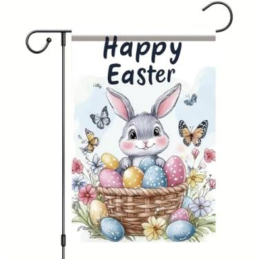 Imagem de Starlit Patio Happy Easter Garden Flags Bunny Eggs Flowers Small Seasonal Decoration for Holiday Anniversary Yard Flag Outdoor Decor 12x18 polegadas Casa de fazenda dupla face fora do feriado