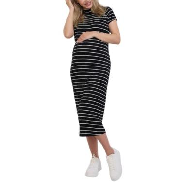 Imagem de Motherhood Maternity Vestido feminino midi colado ao corpo com gola redonda canelada para gravidez, Listra preta, P