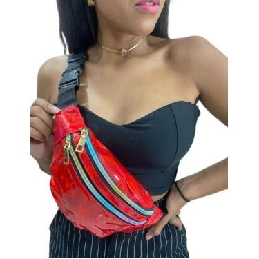 Imagem de Pochete Bolsa Holografica Neon Vermelha Transversal Regulador Ziper Fa