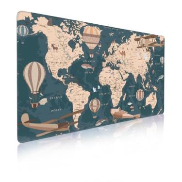 Imagem de Mouse pad grande, tapete de mouse retrô com mapa-múndi para casa e escritório, balões de animais, mouse pad grande para jogos para laptop com base de borracha antiderrapante, bordas costuradas (80 x