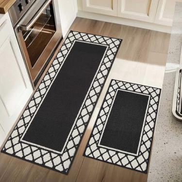 Imagem de COSY HOMEER Conjunto de 2 tapetes de cozinha laváveis antiderrapantes para tapete de cozinha absorvente de chão para tapete de cozinha, tapete de pia e lavanderia, 51 x 76 cm + 51 x 122 cm, preto