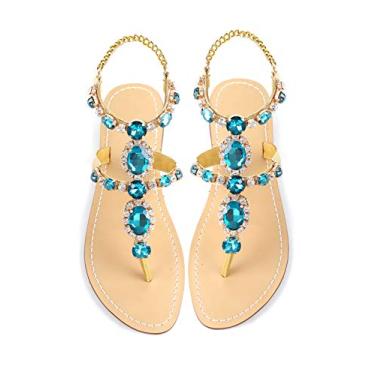 Imagem de Sandália feminina gladiadora de strass ZhuLinFeng Pingtan Sandália de casamento pérola brilhante madrinha sandália azul boêmia, Azul, 9.5