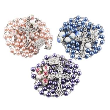 Imagem de HELLOWIN Colar de contas de rosário feminino católico com pérolas de vidro de 6 mm, medalha e crucifixo Lourdes, conjunto de 3 cores, Regular Size, Vidro, Sem Pedra Preciosa
