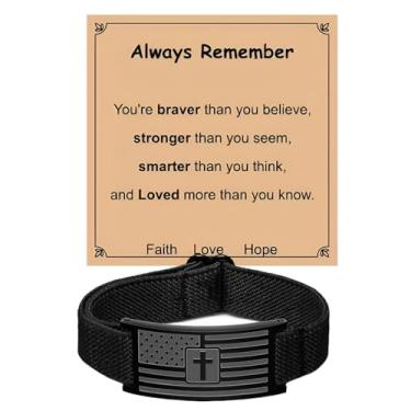 Imagem de LUSENME Presentes de cesta de Páscoa para homens, pulseira de cruz com bandeira americana para filho, marido, neto, Large, Aço inoxidável Nylon, Sem Pedra Preciosa