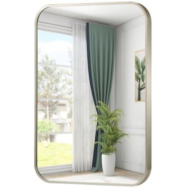Imagem de JENBELY Espelho de banheiro de níquel escovado de 55 x 76 cm, espelho retangular emoldurado com canto arredondado, espelho escovado, espelho de banheiro prata para pia, penteadeira, sala de estar,