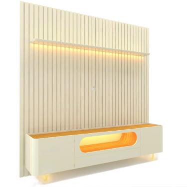 Imagem de Painel Gelius Nobre e Rack nobre 100% mdf com LED para TV de ate 85 polegadas pês de vidro com 230 cm de Largura off White Naturale