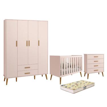Imagem de Dormitório Infantil Isis Guarda Roupa 4 Portas, Cômoda e Berço com Colchão D18 - Reller Móveis Rosa