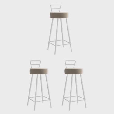 Imagem de Kit 03 Banqueta Alta Com Encosto Tina Eiffel Cozinha Bar Bistrô Ferro Branco Corino Bege - Ahazzo Móveis