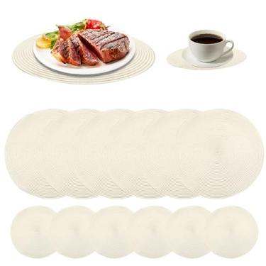 Imagem de FBXGT Jogo Americano 6 Peças - Jogos Americanos Redondo Tecido Kit Mesa Posta Inclui 6 Bases para Copos e 6 Jogo Americano Isolamento Térmico e Proteção Contra Manchas Jogos Americanos Redondo (Bege)