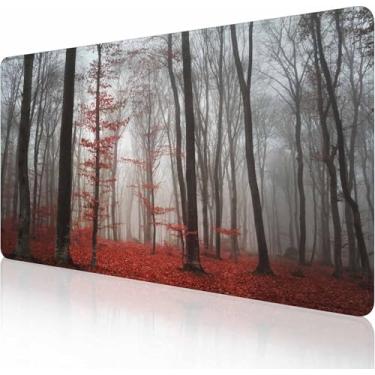 Imagem de Mouse pad para jogos, mouse pad grande estendido, 90 x 40 cm de comprimento, mouse pad com base antiderrapante e borda costurada para jogos e escritório, floresta de outono