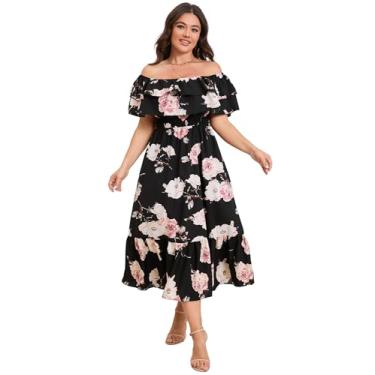 Imagem de KOJOOIN Vestido longo feminino plus size tomara que caia com babados casual verão boho, Flores pretas, XGG