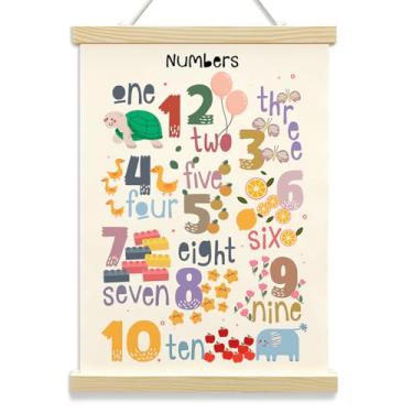 Imagem de Alfabeto números 1-10 moldura para pôster de arte de parede - banner educativo pendurado arte de parede com molduras de madeira - arte em tela impressões de parede decorações de berçário para sala de