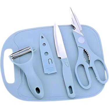 Imagem de Kit Utensílios de Cozinha jogo culinario com 04 Peças Tábua para corte Tesoura para picar alimentos Faca afiada com Capa Descascador de frutas e legumes cozinha (Azul)