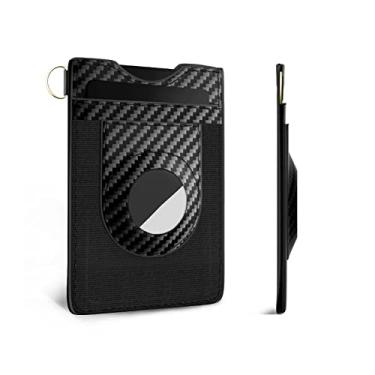 Imagem de Carteira masculina AirTag, fina, minimalista, elástica, de couro legítimo, vertical, pequena, com bloqueio de RFID para bolso frontal, Listrado - preto, Masculino