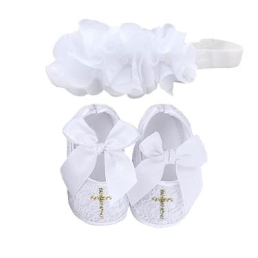 Imagem de Sapatos de batismo para bebês meninas Bow Dream Renda branca Reinstones Flores, 2pcs White, 0 - 3 Months