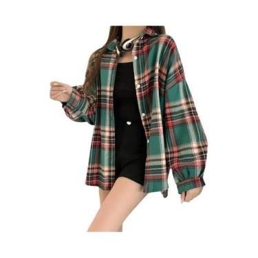Imagem de Camisa Xadrez Vintage Feminina - Manga Comprida, Estilo Preppy, Blusa 