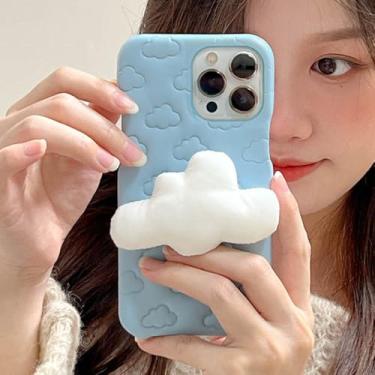 Imagem de Capa de celular fofa com estampa de borboleta e coração em formato de nuvem de marshmallow 3D e flor de algodão para iPhone 15, 14, 13, 11, 12 Pro Max, couro sintético com relevo, azul, para iPhone 1