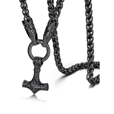 Imagem de ChainsHouse Joias nórdicas viking masculinas, cabeça de lobo/martelo de Thor/pingente de cruz de nó celta com corrente grossa de 71 cm, colar banhado a aço inoxidável/preto/ouro, caixa de presente