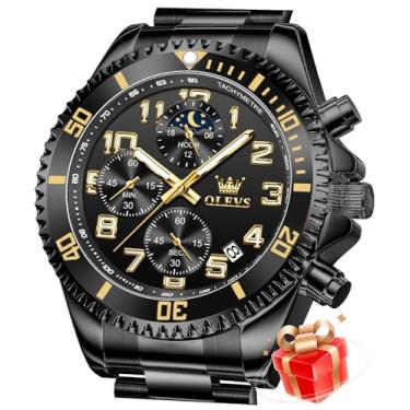 Imagem de OLEVS Relógio masculino de aço inoxidável, mostrador grande, casual, relógio de pulso, analógico, dia, data, à prova d'água, luminoso, G2926: pulseira preta e mostrador preto, Moderno