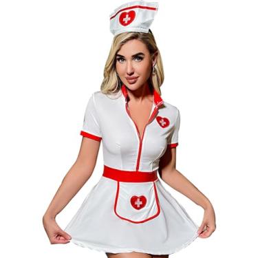 Imagem de TIPINOICE Lingerie feminina sexy fantasia de enfermeira roupa de noite cosplay vestido saia conjunto uniforme, Branco A, Small