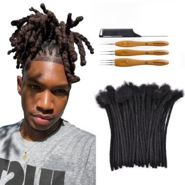 Imagem de FAMILOCS Extensões de cabelo humano Dreadlock, 20 cm, 0,8 cm de largura, extensões de cabelo humano feitas à mão para homens e mulheres com agulha e pente, preto natural #1B 30 fios pode ser tingido e descolorido